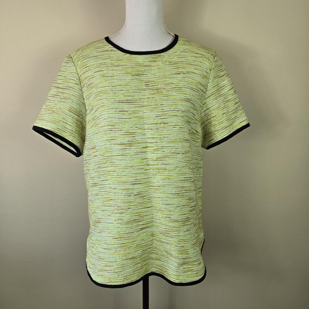 Wilfred Top Womens Large Yellow Striped Short Sleeve Crew Neck Zip Back Blouse